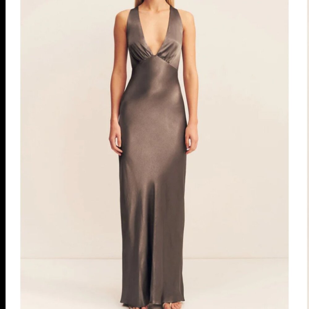 Shona Joy La Lune Plunged Cross Back Maxi Dress in Graphite